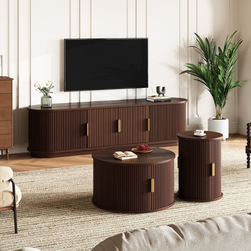 Mid Century Modern 74.8" TV Stand & Coffee Table Set for TVs up to 75", Wooden Media Console with Fluted Sliding Doors - Walnut