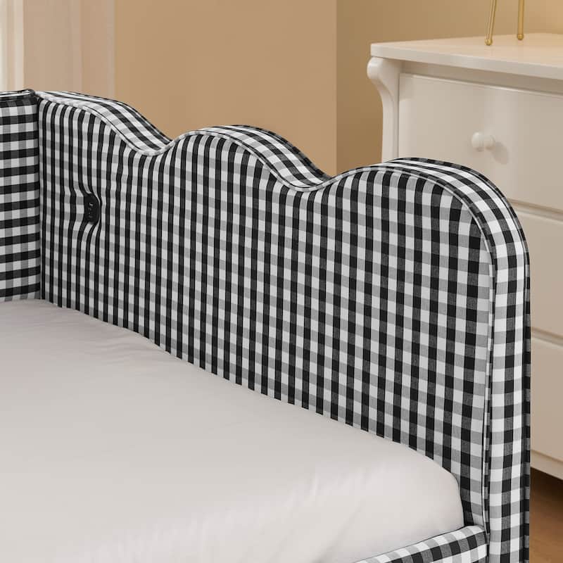Cozy Gingham Daybed with Trundle Bed, Twin Size Upholstered Sofa Bed with USB Port, Linen Fabric Twin Sofa Bed Frame