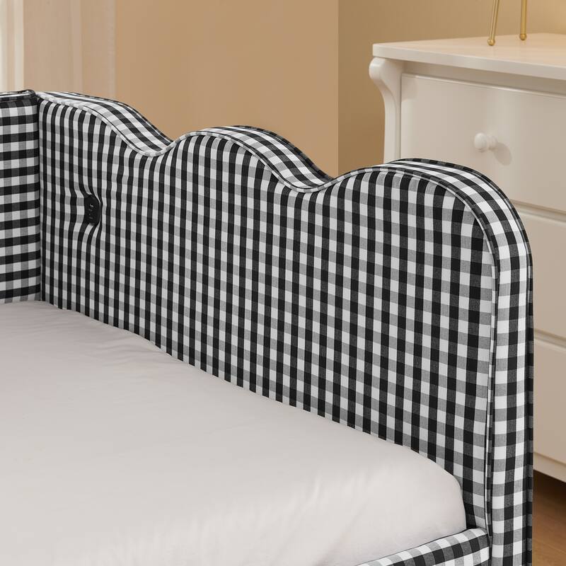 Twin Size Gingham Daybed Upholstered Sofa Bed with Trundle, Wave Shaped Armrest & Backrest, USB Port, No Box Spring Needed