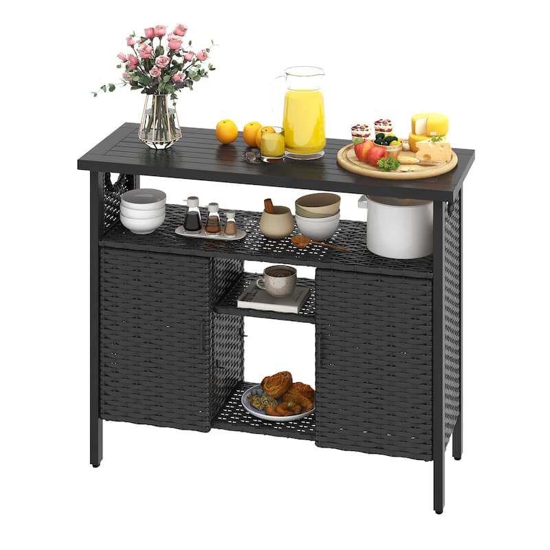 Moasis Wood and Wicker Outdoor Sideboard Storage Cabinet with Adjustable Shelves - 43.3"W - Black