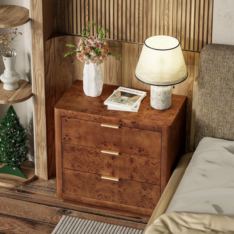 COZAYH Burl Finish Nightstand, Rustic Farmhouse Dresser, Vintage Accent Wood Storage Bedside Table, Fully Assembled