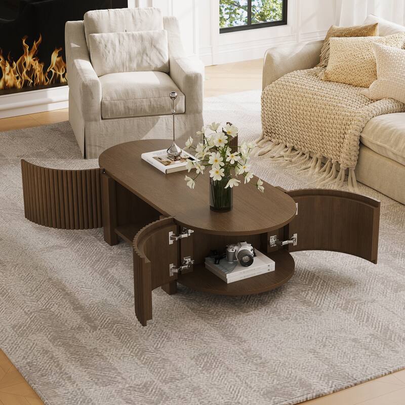 Oval Fluted Coffee Table Sofa Table with Storage for Living Room, End Table Center Table with Open Shelf