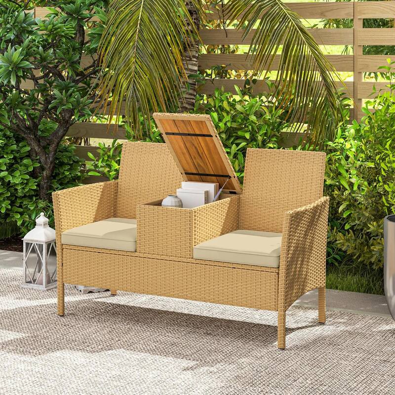 Patio Wicker Loveseat with Built-in Flip-Top Coffee Table and Cushions