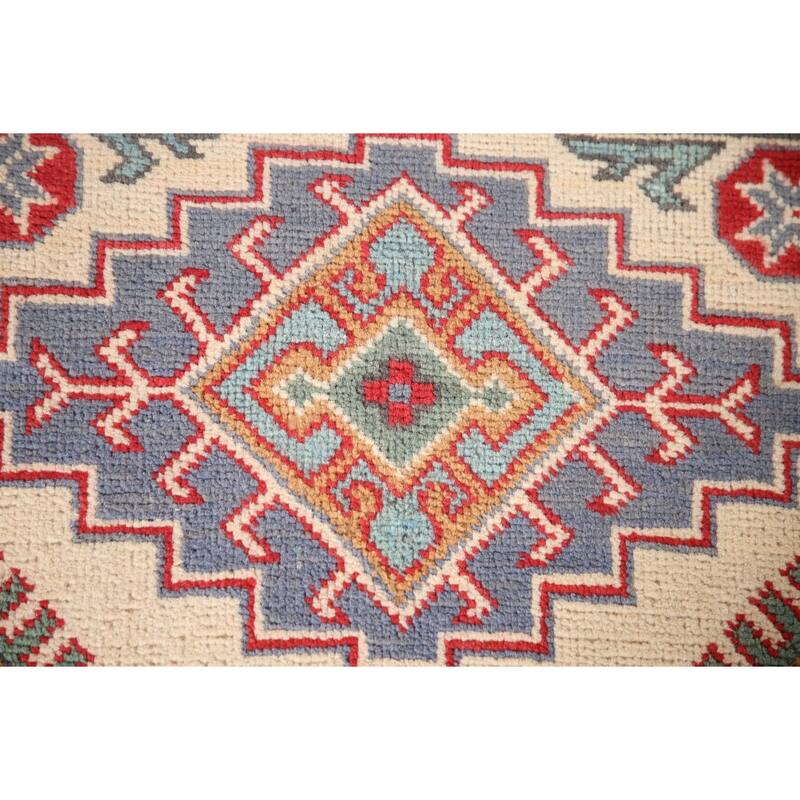 Ivory & Red Geometric Kazak Oriental Accent Rug Handmade Wool Carpet - 2'7" x 4'1"