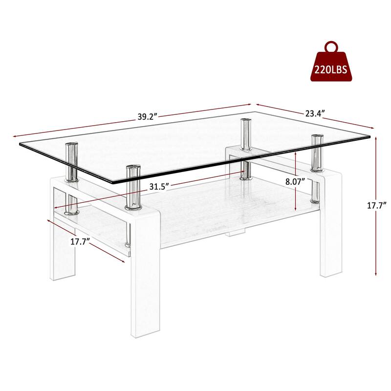 Rectangle Coffee Table, Tempered Glass Tabletop with MDF Layer, Modern Table for Living Room