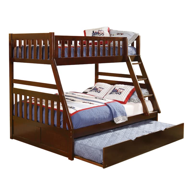 Twin/Full Bunk Bed with Twin Trundle, Dark Cherry Finish, Wooden Bedroom Furniture