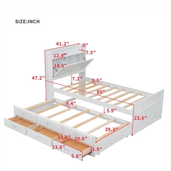 Twin Size Wooden Bed with Storage Headboard Featuring Built-In Outlets, Extendable Frame with Pull-Out Twin Trundle
