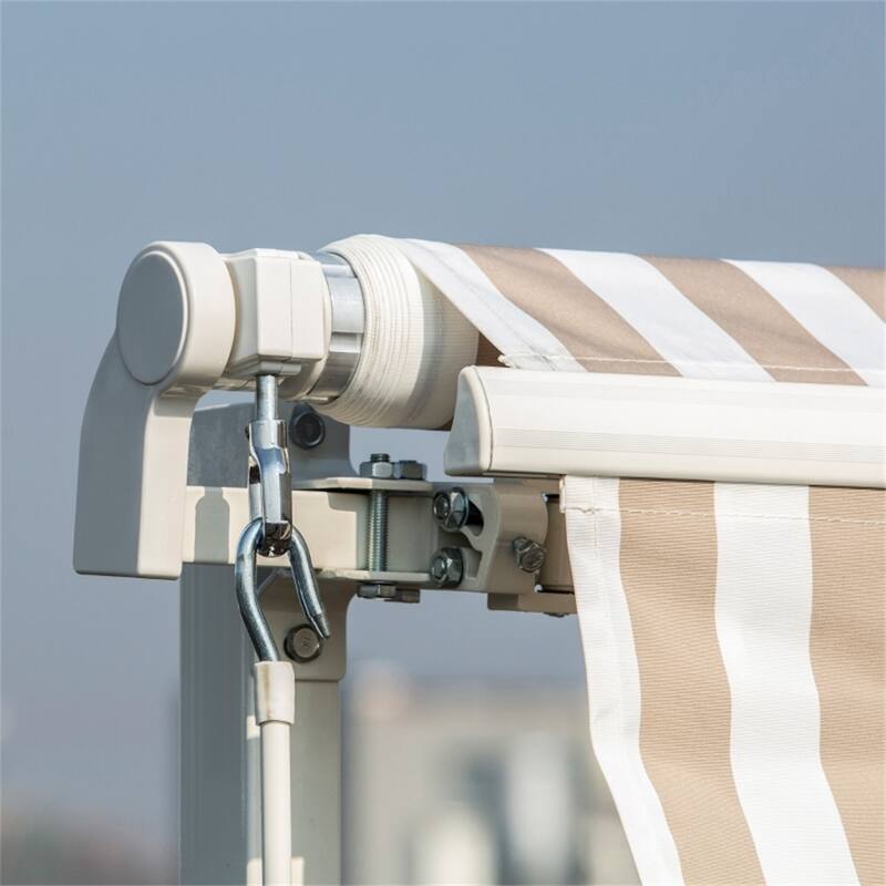 Beige White Aluminum Steel Retractable Patio Awning with Water-Resistant Fabric and Crank Handle - 141.7 x 96.5 x 59.1 in