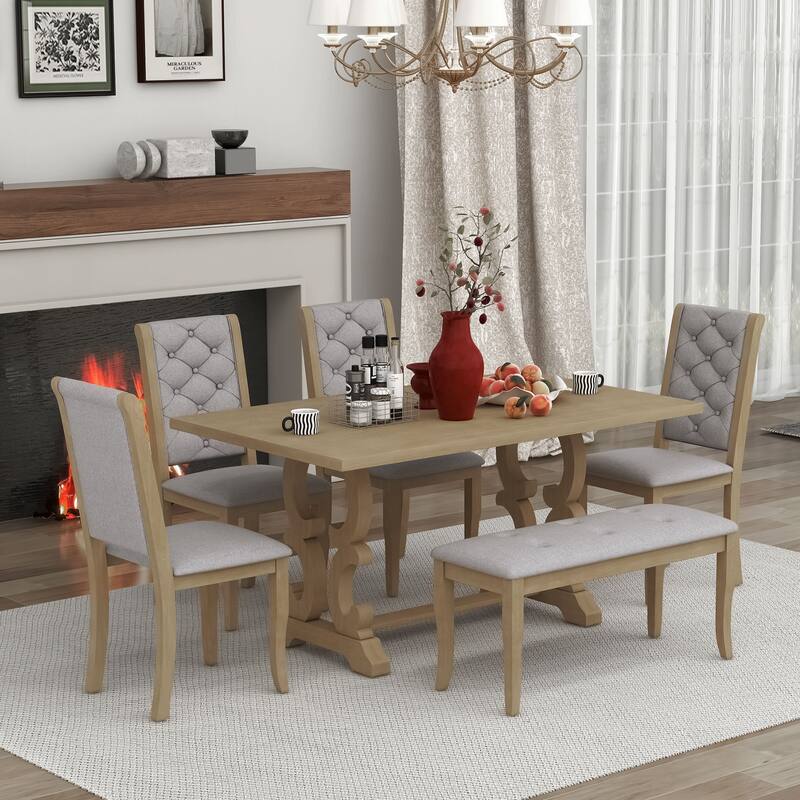 Rectangular Trestle Table and 4 Upholstered Chairs & Bench