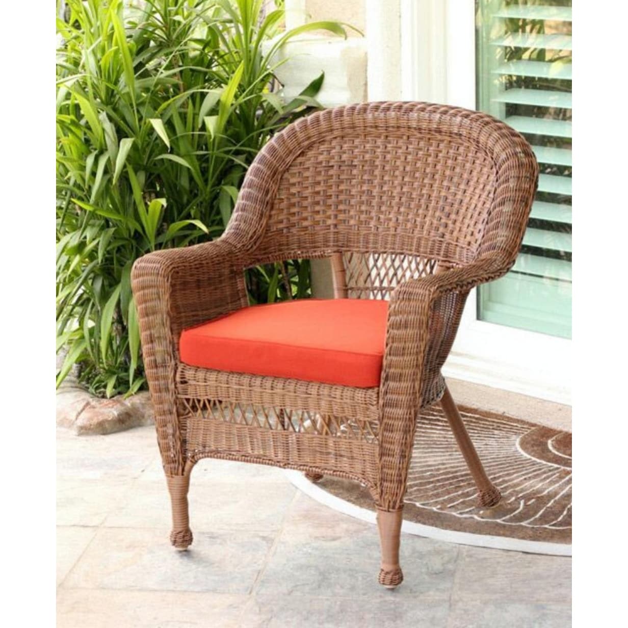 36 Honey Brown Resin Wicker Outdoor Patio Garden Chair Red Cushion Overstock 16670548