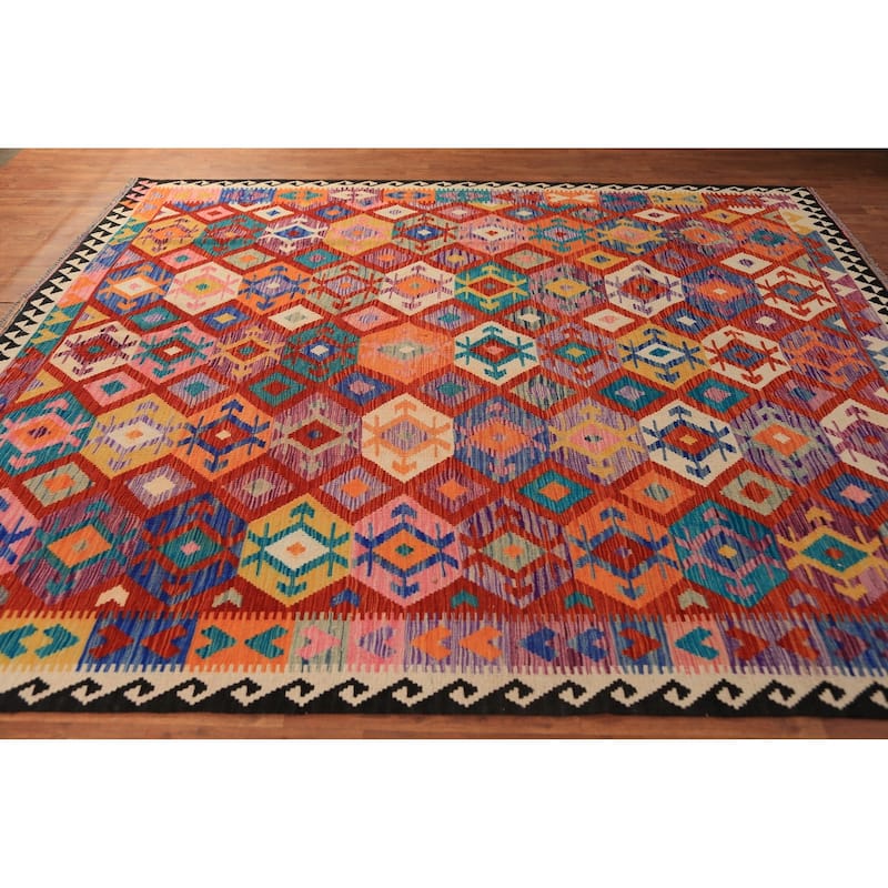 South Western Style Kilim Oriental Area Rug Hand-Woven Wool Carpet - 8'0"x 9'8"