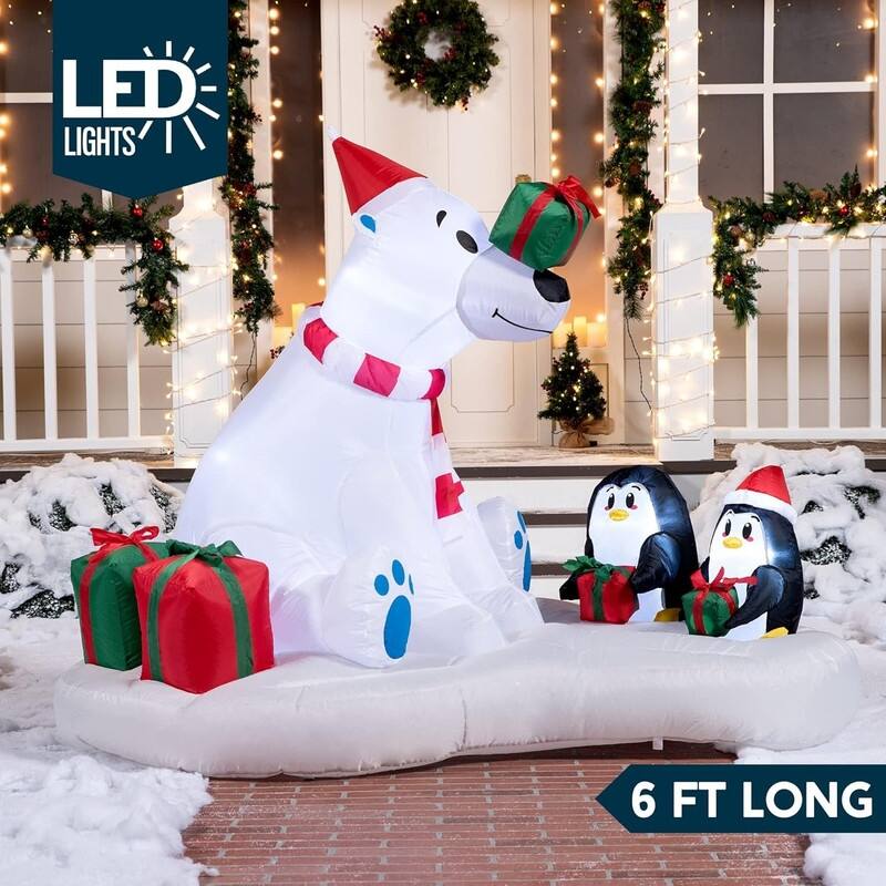 6 FT Long Christmas Inflatable Polar Bear and Penguin with Campfire Decoration, Blow Up Inflatable with Build-in LEDs - White