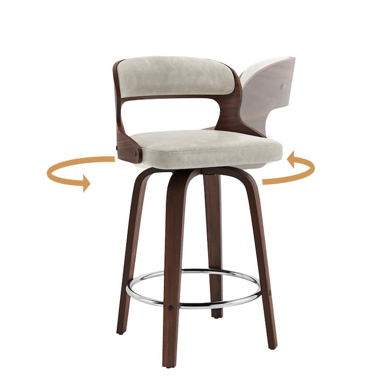 26.in Modern Set of 4 Leather Bar Stool Swivel Upholstered Hollow Back Counter Height Barstool with Wood Frame