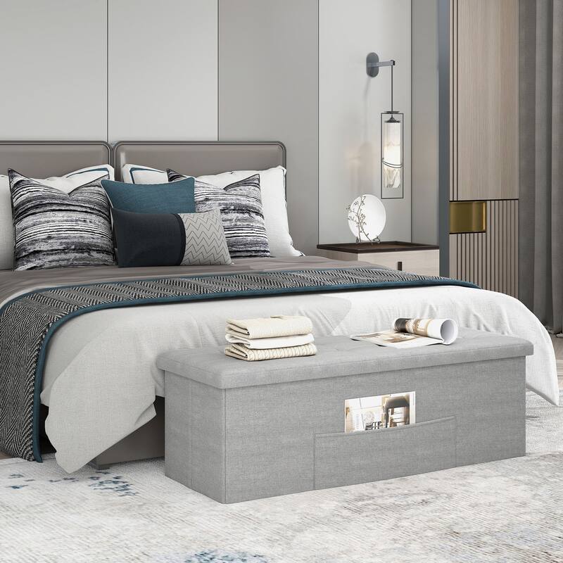 Large 38 Gallon Linen Fabric Storage Ottoman Bench Folding Multipurpose Footrest and Seat with Foam Cushion - 43" × 15" × 15"