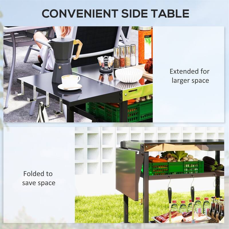 Stainless Steel Outdoor Serving Cart with Folding Side Table, Wheels, Shelves, Hooks, Spice Rack, Bottle Opener