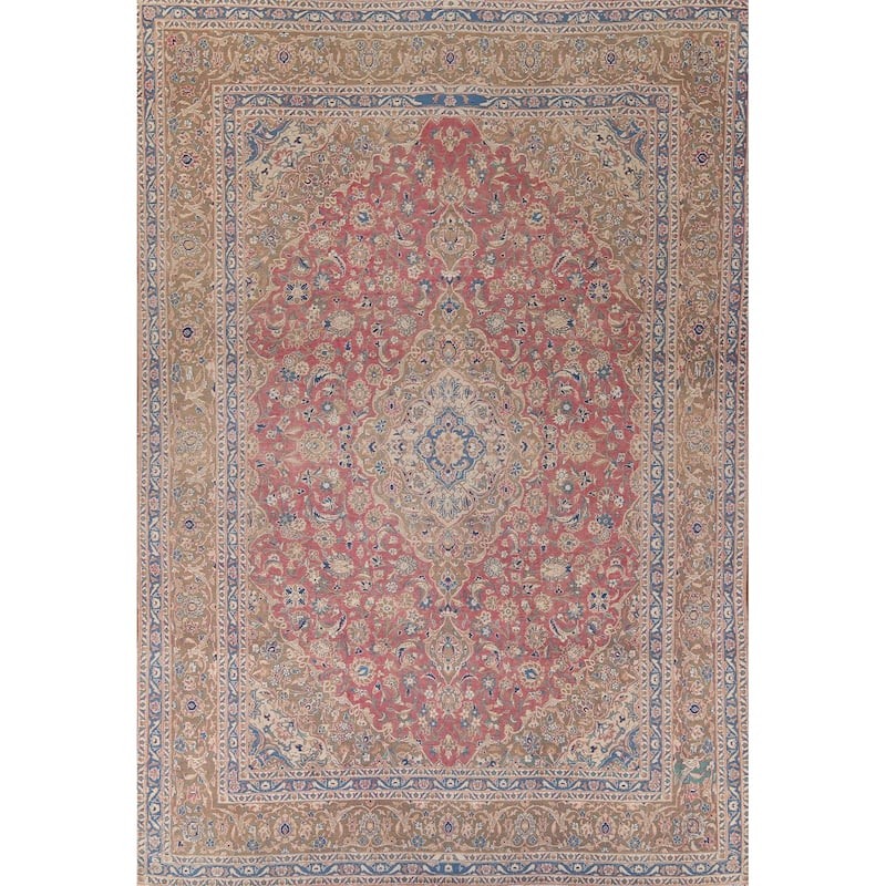 Traditional Pink Mashad Persian Vintage Rug Hand-Knotted Wool Carpet - 9'4" x 12'5"