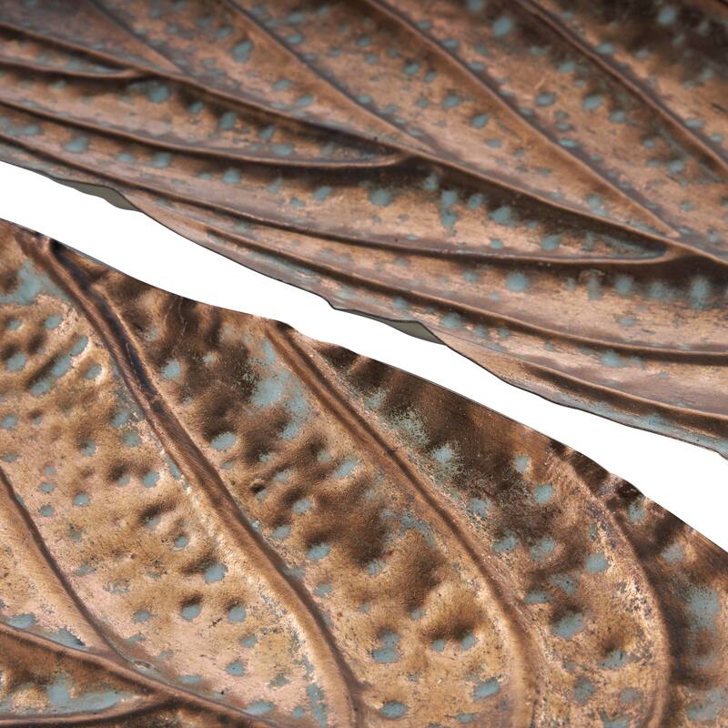 Copper Metal Textured Leaf Living Room Decor Tray with Patina Accents and Elevated Feet (Set of 2)