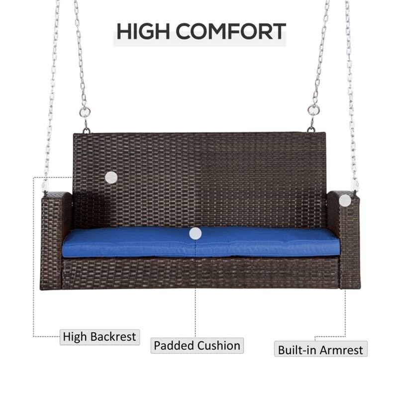 Outdoor PE Rattan Porch Swing Bench with Cushion and Chains for 2 Person Hanging Patio Seat - 50" L x 25.5" W x 23.5" H