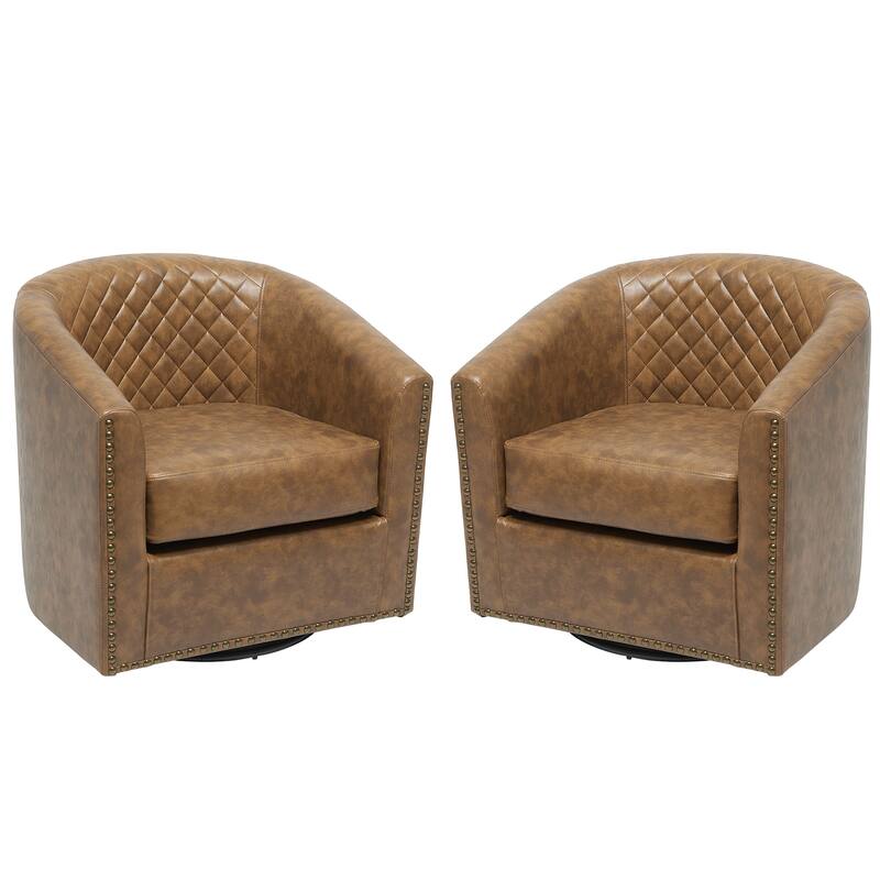 KINWELL 29" Wide Tufted PU Leather Swivel Barrel Chair (Set of 2)