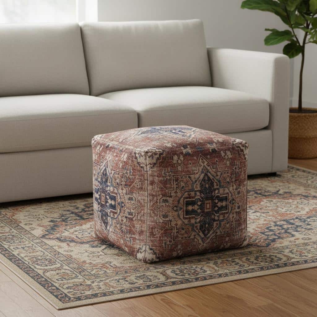 HomeRoots 18" Navy Blue and Terra Cotta Upholstered Medallion Pouf Ottoman