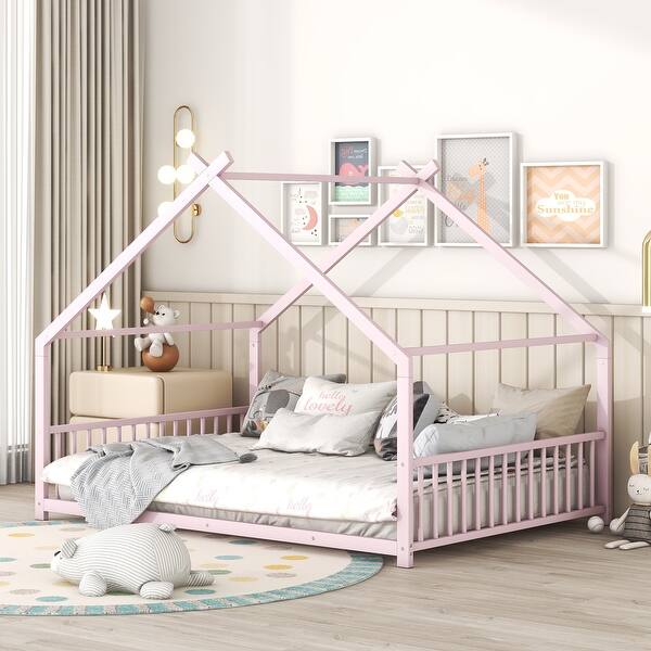 slide 2 of 11, Pink Full Size Metal House Bed with Roof, Fence, and Back Full - Pink