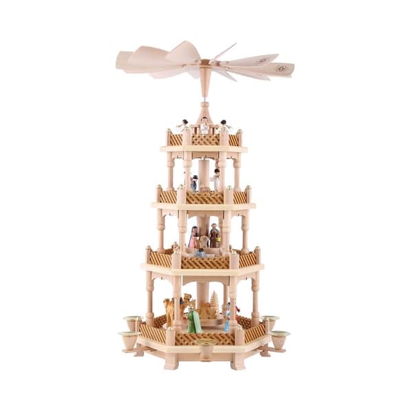 slide 1 of 1, 21" Brown Green Blue 4-Tier Wise Men Shepherds Angels Pyramid