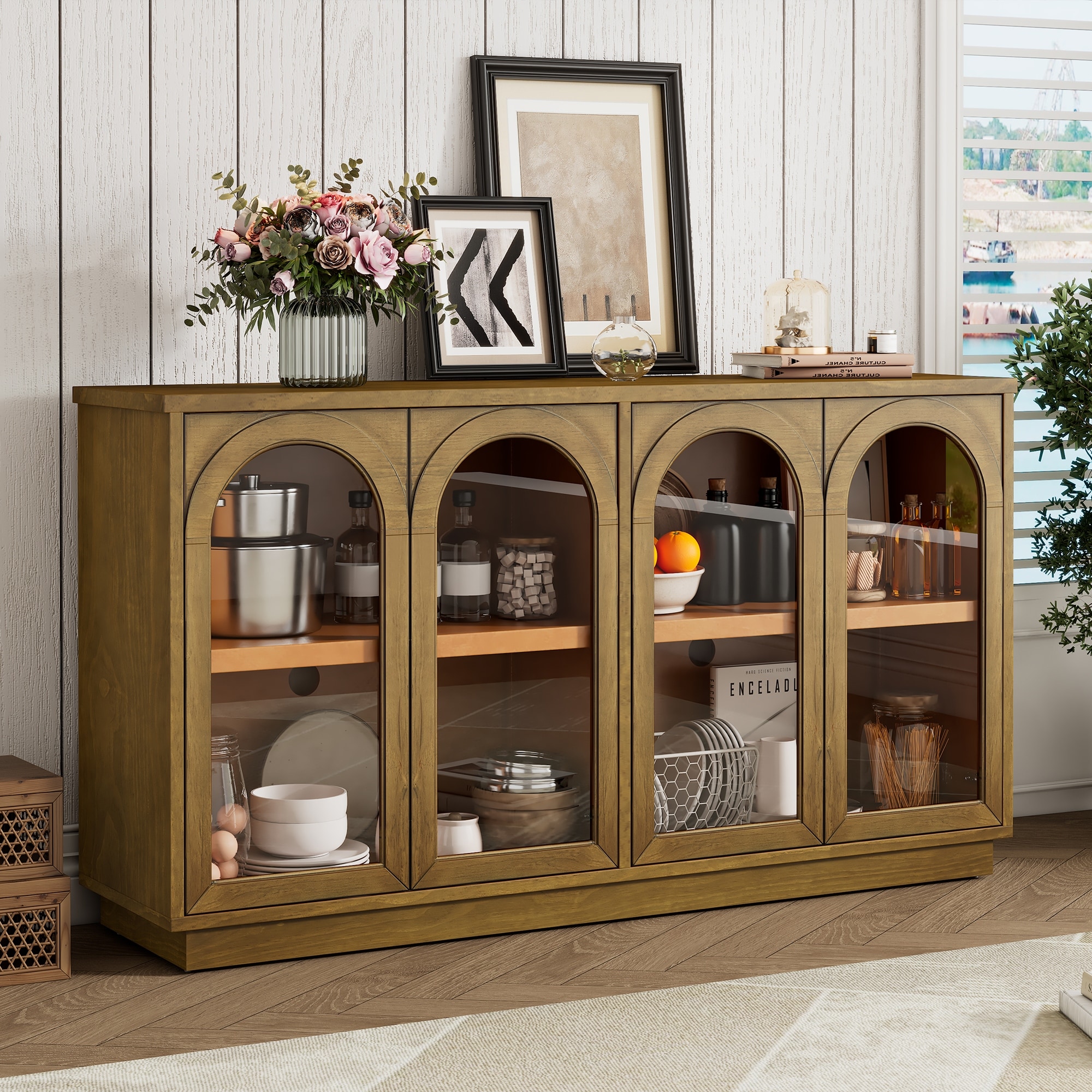4-Door Large Storage Buffet Cabinet with Glass Doors, Arched Cabinet with Adjustable Shelves