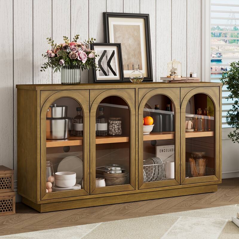 Buffet Cabinet with Glass Doors, Arched Cabinet with Adjustable Shelves, Kitchen Storage Cabinet with Rebound Device - Old Pine