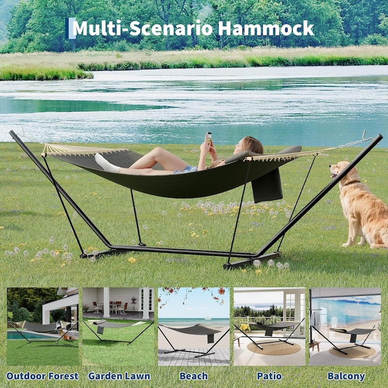 Heavy Duty Portable Double Hammock with Stand for Outdoor Patio, Garden, Beach, Backyard