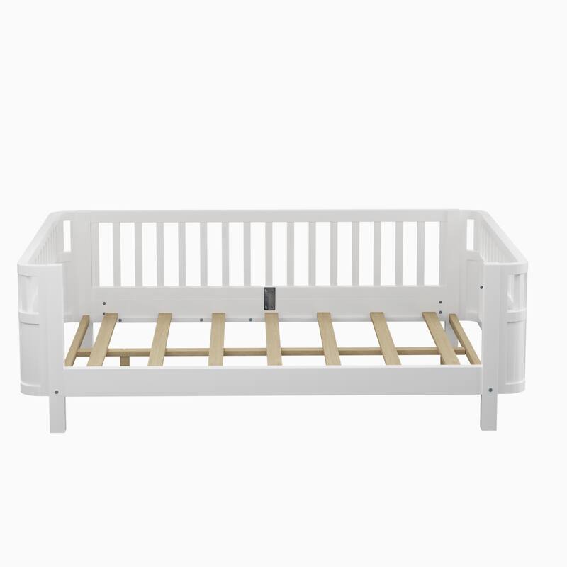 White Full Size Wood Platform Bed with Safety Rails for Kids, Low Profile Design