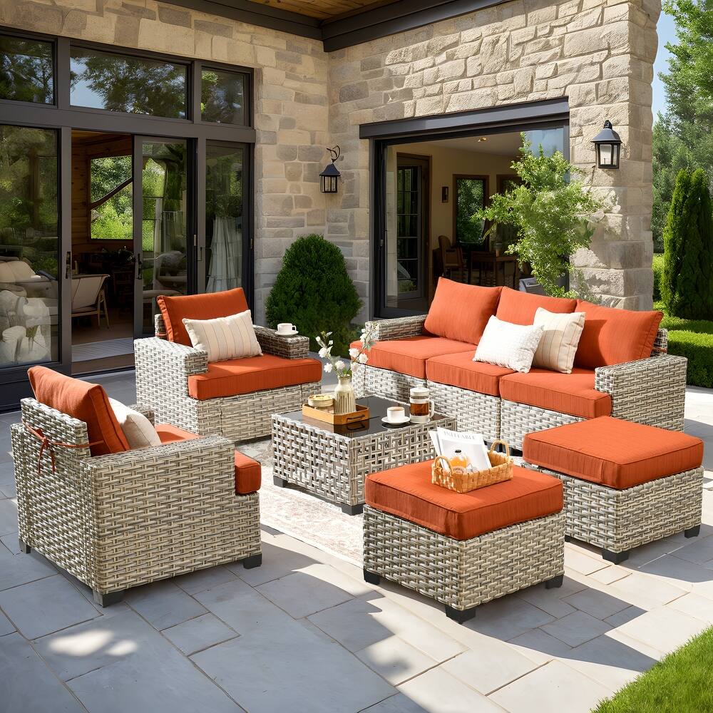 XIZZI 8-piece Outdoor Patio Wicker Furniture Set with LED Solar Coffee Table