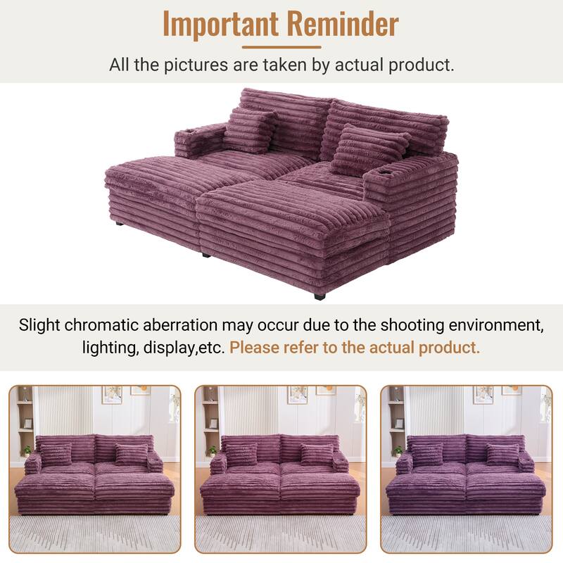 Oversized Double Chaise Lounge Sofa, Living Room 2 Seater Sofa Upholstered Sleeper Sofa Bed Daybed with USB Ports & Cup Holders