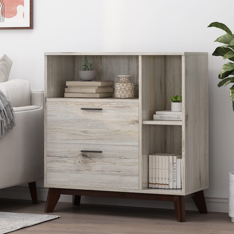 Roomfitters Mid-Century Modern Storage Cabinet with Two Drawers and Open Shelves, Wood Grain Finish - Oak