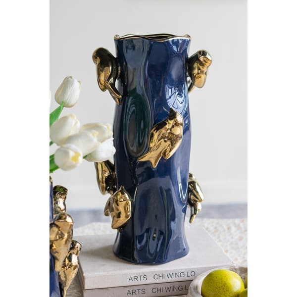 slide 2 of 9, 8x8x15.5" Blue Ceramic Tree Branch Vase with Gold Bird Accents