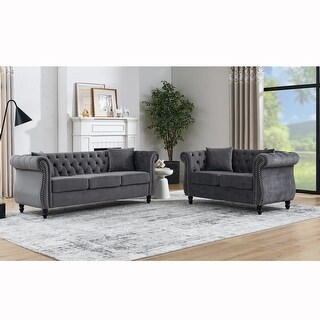 Velvet Chesterfield Sofa Set with Nailhead Trim and Tufted Low Back ...