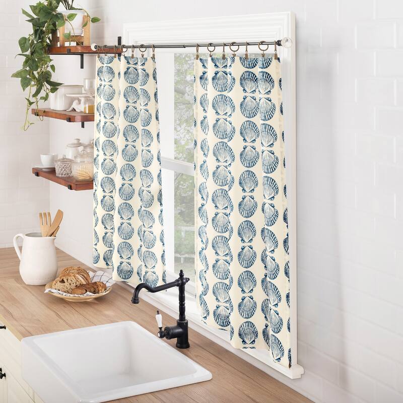 No. 918 Sandbar 2-Piece Tonal Seashell Print Semi-Sheer Rod Pocket Kitchen Curtain Tier Pair