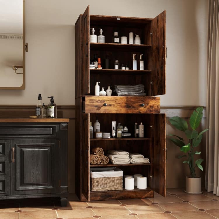 Farmhouse Pantry Cabinet with Barn Doors Tall Kitchen Storage Organizer with Adjustable Shelves