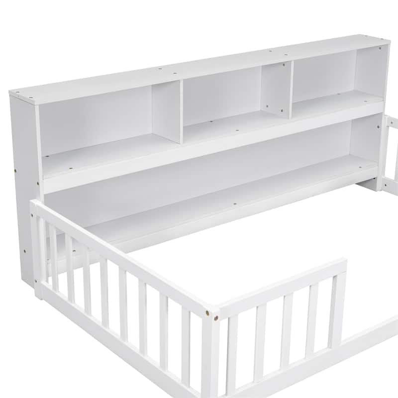 Twin Floor Bed with Bedside Bookcase,Shelves,Guardrails