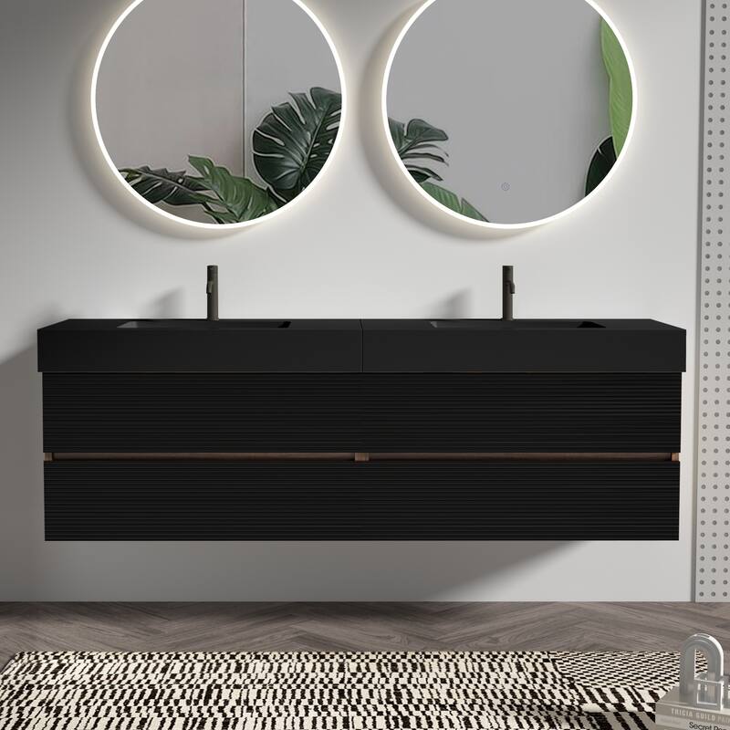 GDFStudio - Grace Floating Bathroom Vanity with Solid Surface Sink and Soft-Close Storage - 72"-Set of 2 - Black+Brown+Black Sink