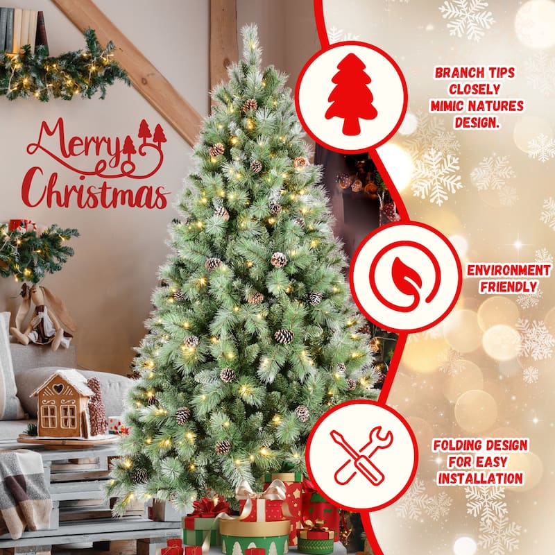 6FT Christmas Tree with 300 Warm White LED Lights-988 PVC & Hard Needle Tips, 66 Pine Cones,Hinged Branch Design