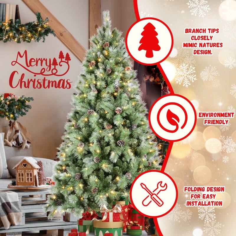 7FT Christmas Tree with 400 Warm White LED Lights - 1348 PVC & Hard Needle Tips, 82 Pine Cones, Hinged Branch Design,Metal Stand