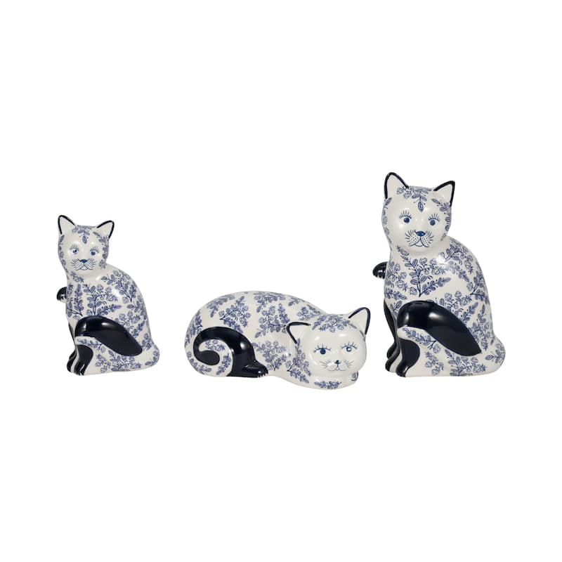 Ceramic Cat Sculpture Contemporary Vintage Style Chinoiserie Blue and White Floral Cat Statue Cat Lover