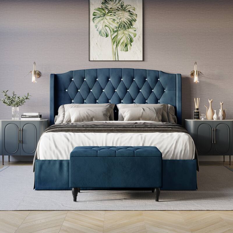 CraftPorch 2 Piece Bedroom Bench Set Velvet Wingback Upholstered Bed