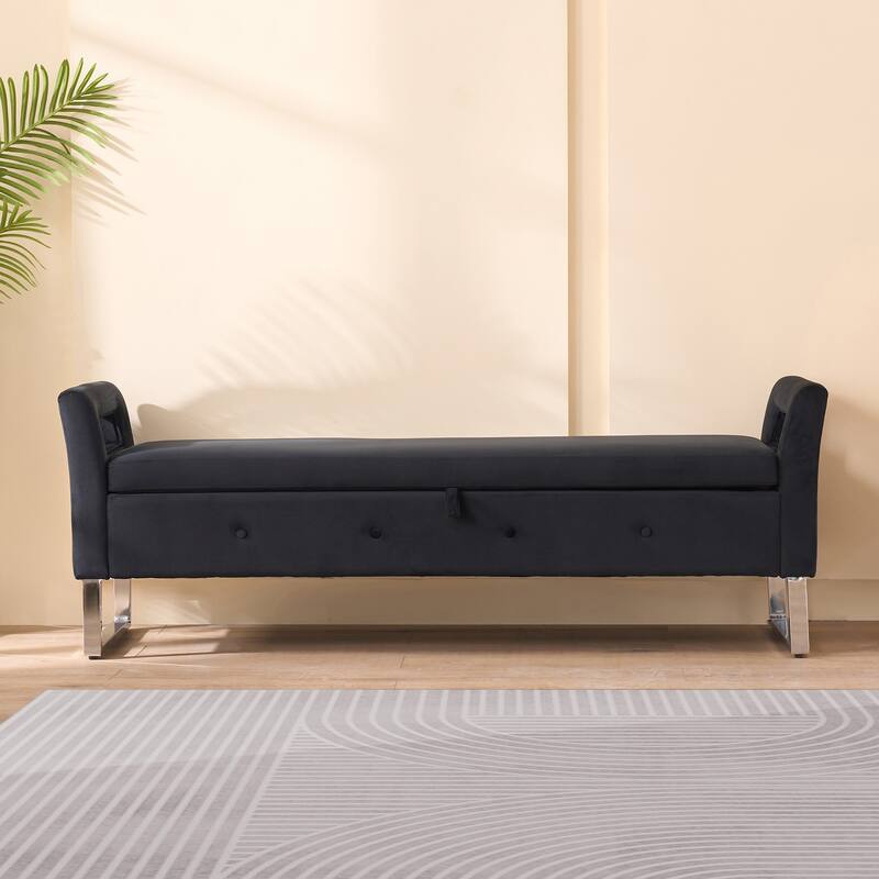 67.91" Velvet Storage Bench with Armrests and Wood Frame for Bedroom