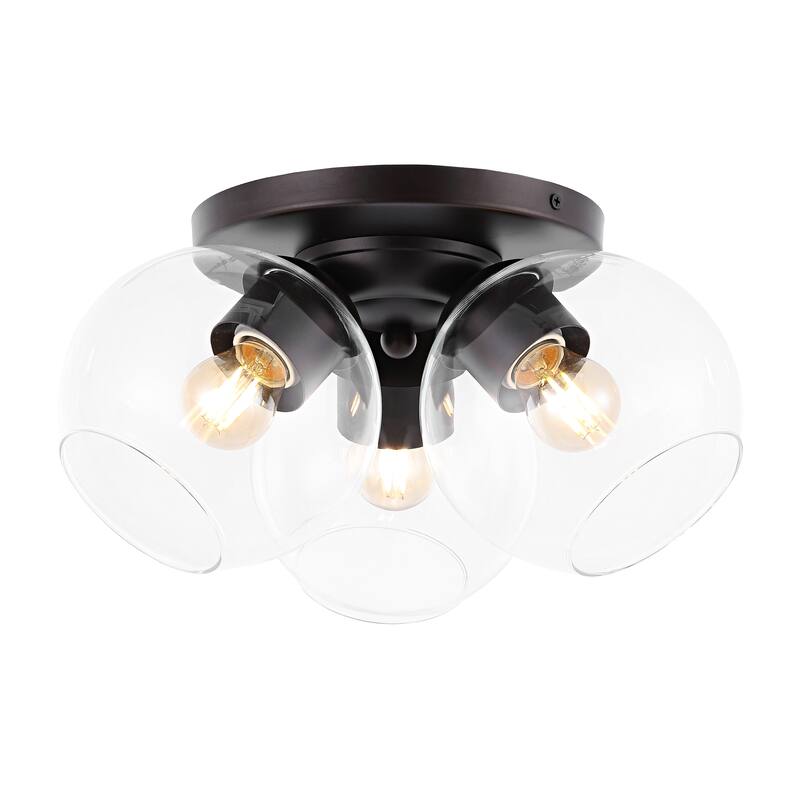 Piper 11.5" 3-Light Farmhouse Rustic Iron/Glass LED Semi Flush Mount, Oil Rubbed Bronze/Clear by JONATHAN Y - 3 Light