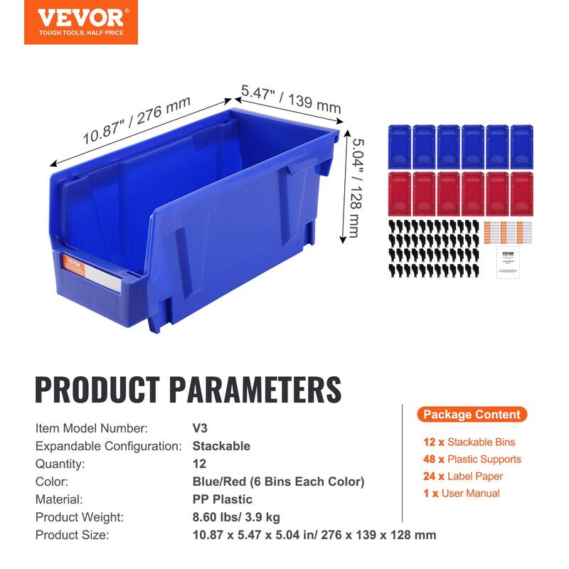 VEVOR Plastic Storage Bin,Hanging Stackable Storage Organizer Bin, Blue/Red,for,Office,or Pantry Organization