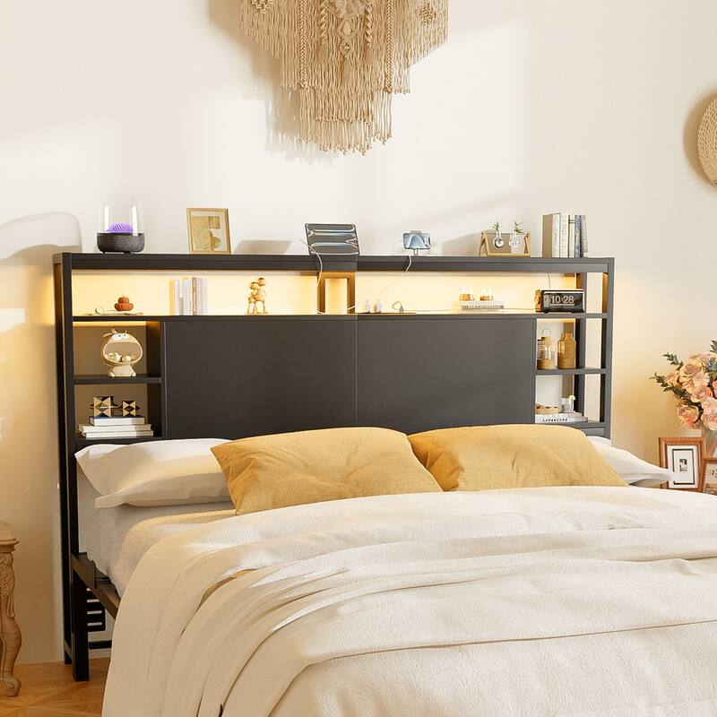 Headboards with Storage Shelves, Head Board with Power Outlet and LED Light for Bed Frame - Black - Queen
