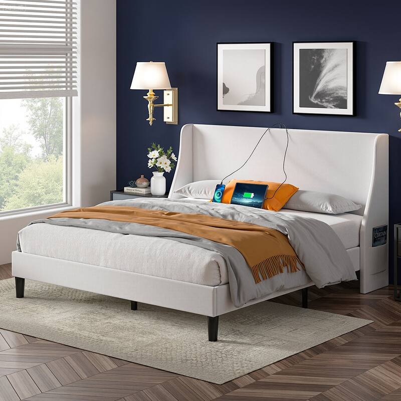 VECELO Bed Frame with Upholstered Wingback Headboard,Platform Bedframe with Charging Station & Side Pockets