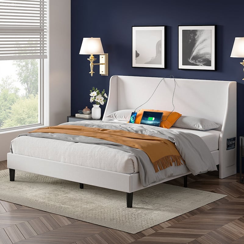 VECELO Bed Frame with Upholstered Wingback Headboard Platform Bedframe with Charging Station & Side Pockets - White - Full