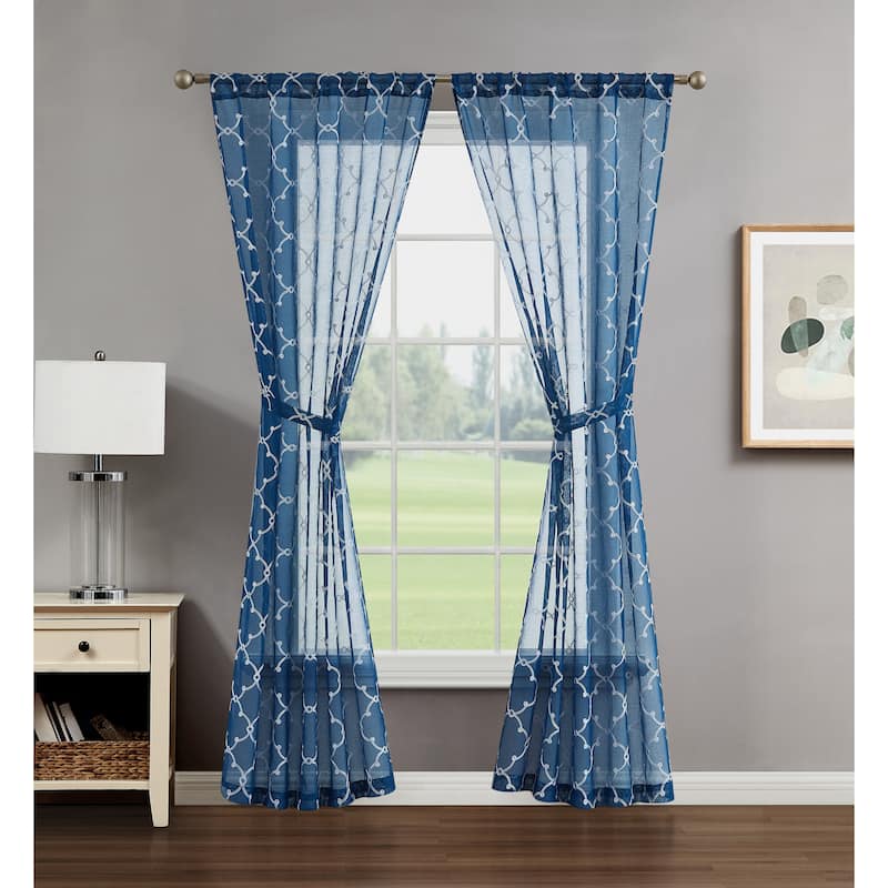 Creative Home Ideas Selena Embroidered Sheer Rod Pocket Window Curtain Panel Pair with Tiebacks